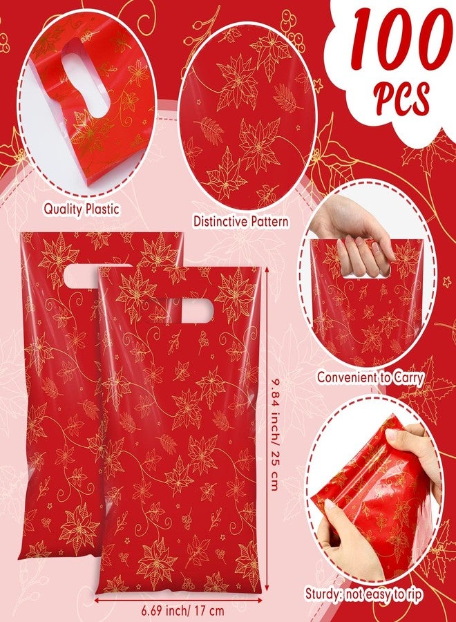 Capoda 100 Pcs Christmas Bags 10 x 7 Inch Xmas Poinsettia Treat Party Favor Candy Goodie Gift Plastic Handle Bags Bulk with Gold Floral for Merry Christmas Party Favor Supplies(Red) - Image 2